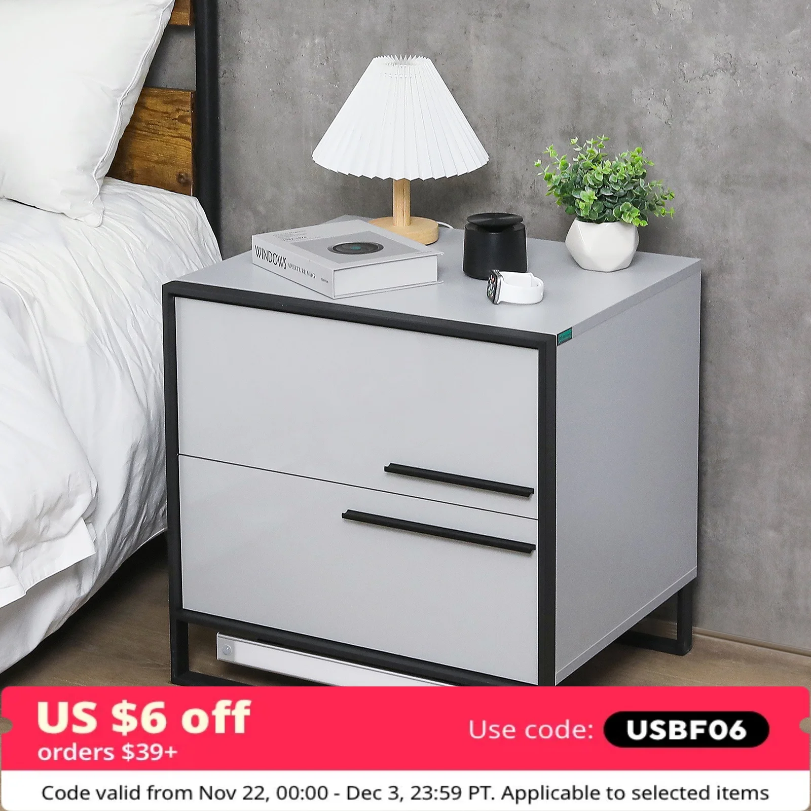 Auto Led Nightstand with High Gloss Drawer Grey Led Night Stand with Metal Frame Bedside Table with 3 Color Magnetic Wireless