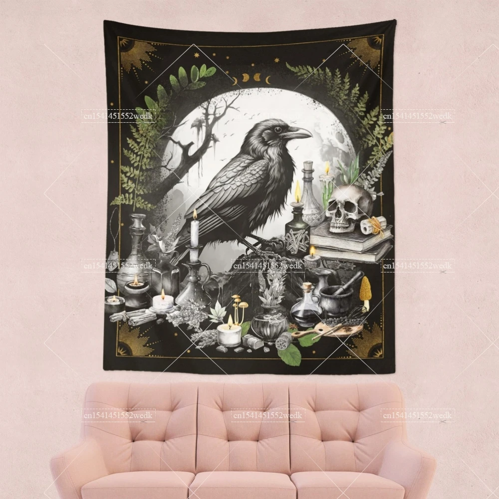 Gothic Raven Witch Tapestry Wall Hanging Skeleton Tapestries Dark Academia Crow Aesthetic Bedroom Decoration Tarot Altar Cloths