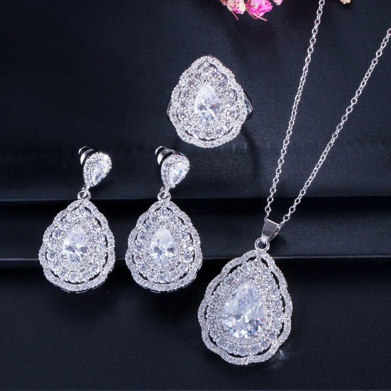 

ThreeGraces Luxury Shiny Water Drop Zirconia Big Pendant Necklace Earrings and Ring Bridal Party Jewelry Set for Women JS621