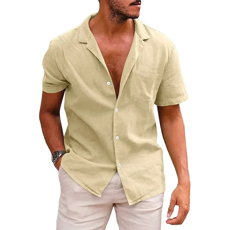 

men Cotton Linen Hot Sale Men's Short-Sleeved Shirts Summer Solid Color Turn-down collar Casual Beach Style Plus Size tops