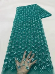 女性のための真珠で刺繍された豪華なアフリカのスパンコールレース生地,ナイジェリアの結婚式のドレス,フランスのチュール,大きいサイズ,緑,高品質,2024