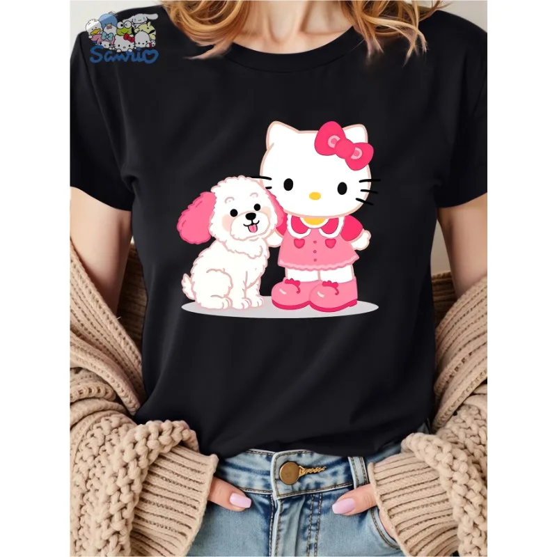 

Sanrio Hello Kitty and Dog Cartoon Print Women's T-Shirt Summer Casual Shirt with Pink Embellishments Harajuku Tops Plus Size