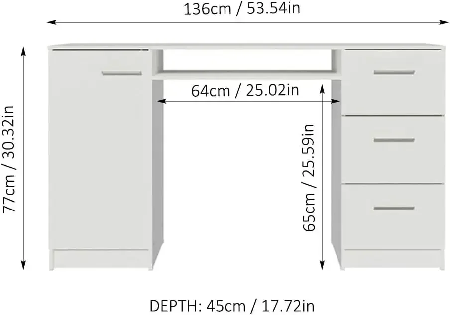 Madesa-Computer Desk with 3 Drawers, 1 Door and  Storage Shelf, Office    30 ”H x 8” D  53 ”W-White