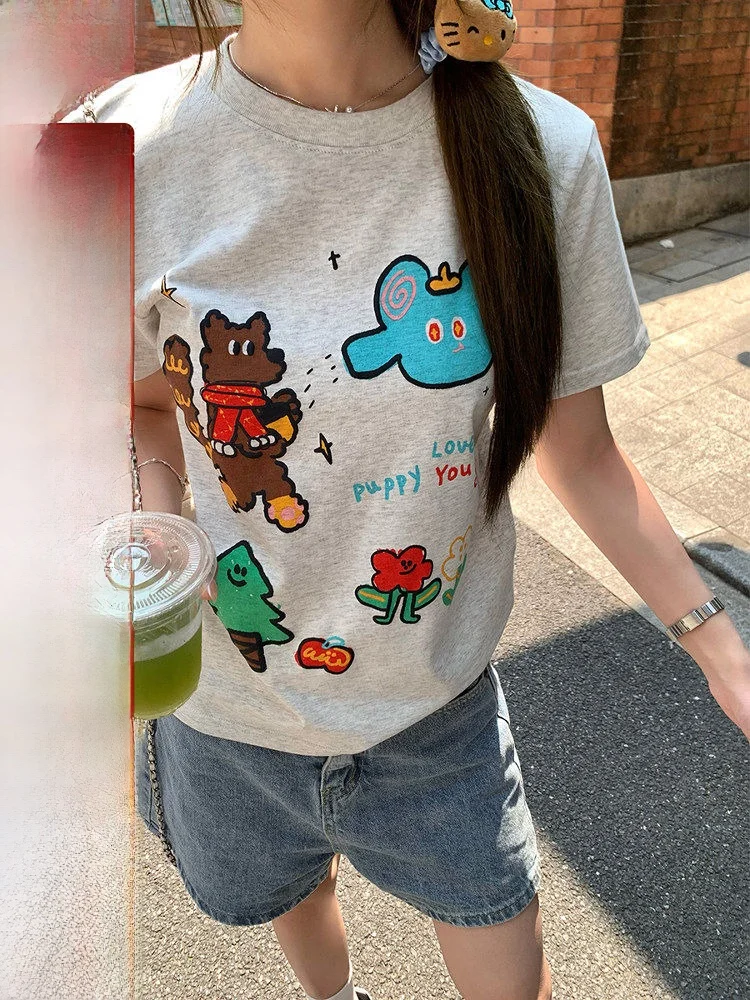 

Футболка с ручной росписью и принтом, женская летняя модная футболка с коротким рукавом, молодежный дизайн, повседневный стиль, круглый вырез