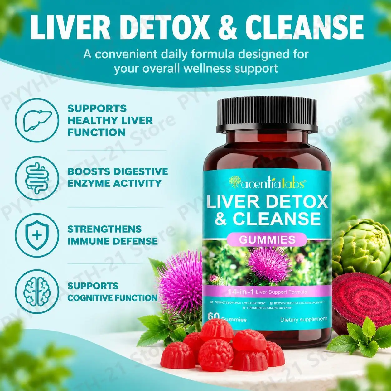 Liver Detox Cleanse Gummies Promote Liver Health &Boost Digestion Strengthen Immunity Milk Thistle 60pcs for Fatty Liver Support