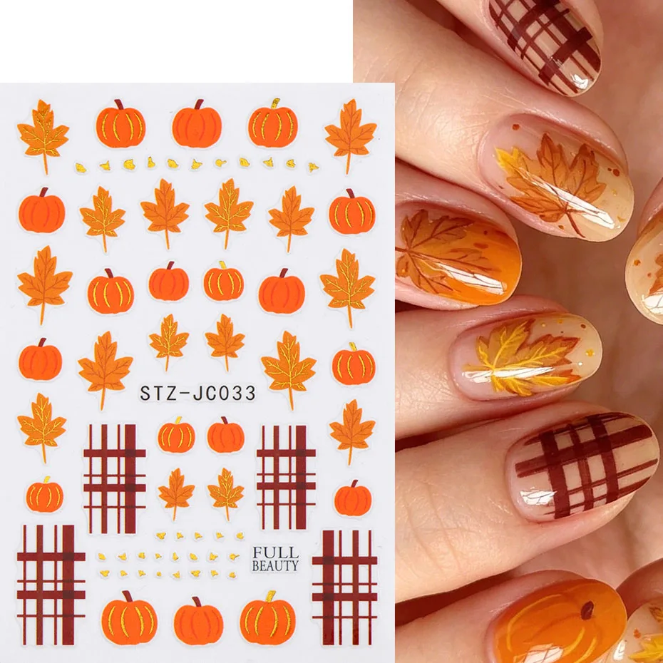 2 Stück Niedliche Kürbis-Nagelaufkleber Herbst-Ahornblatt-Karo-Klebefolien Herbst-Thanksgiving-Nageldesign-Zubehör – Detail 5