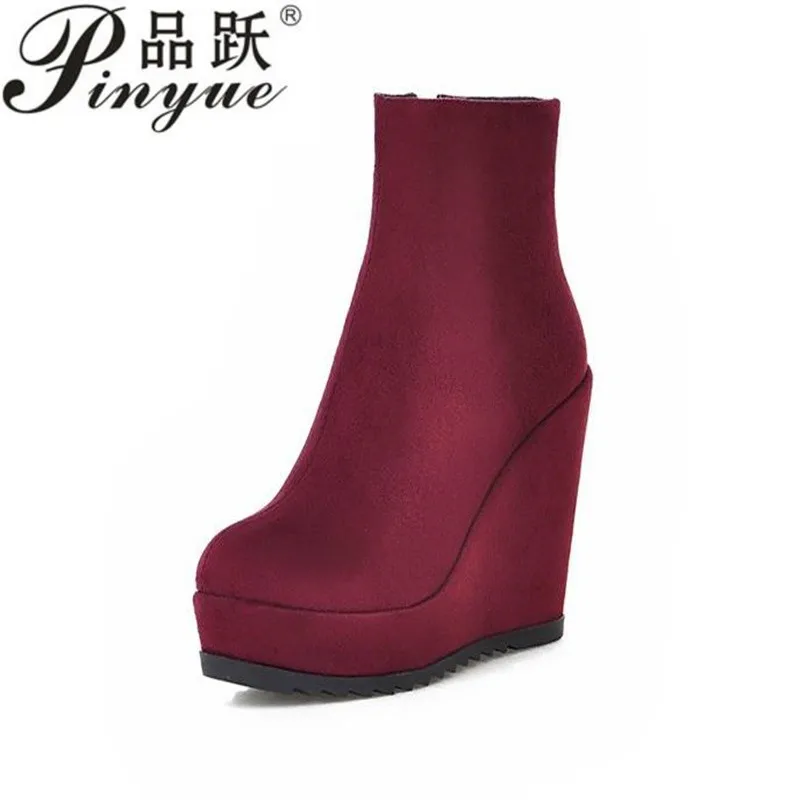 11cm Autumn Winter New Stylish Women Ankle Boots Sexy Platform Round Toe Wedges Boots Woman Ankle Boots Plus size 34-42