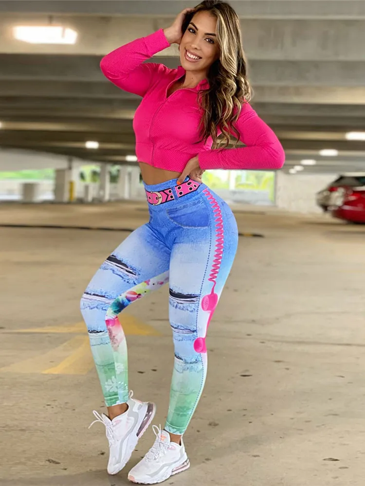 Denim Printed High-Waist Street Sle Yoga Pants Women's Nude Feel Casual Nine-Length Penetrating Thiened Summer Faion