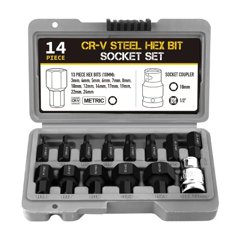 

14Pieces Hexagonal Bit Socket Set Complete with Storage Case Impact Hex Bit 1/2" Drive Air Cannon Electric Wrench Accessories