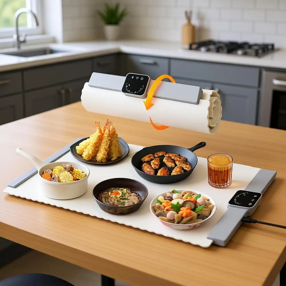 

Food Warmer Mat, Electric Portable Silicone Warming Plate, Roll Up Heating Tray for Food, 5 Heat Levels, 24x15.7