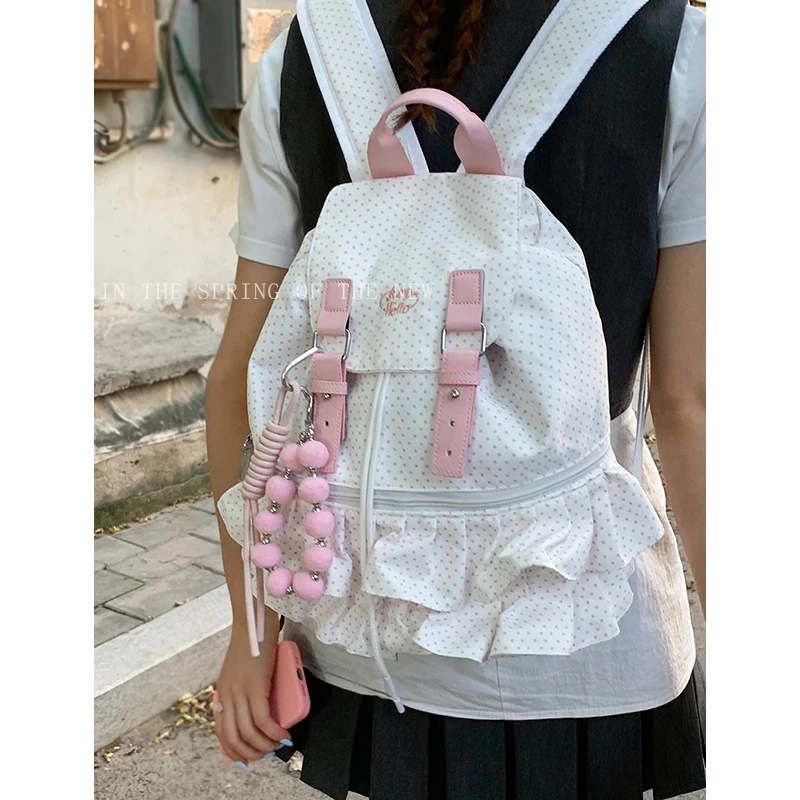 

Korean Style Polka Dot Ruffled Backpack For Women Large Capacity Vintage Travel Bag Cute Casual Schoolbag For Daily Commute