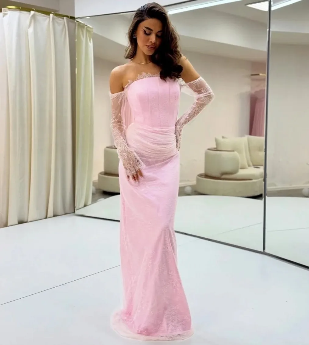 Elegantes rosa Abschlussball-Partykleid 2026, schulterfrei, lange Ärmel, Falten, Spitze, Meerjungfrau, Abend, Geburtstag, formelle Kleider, Robe De Sorie
