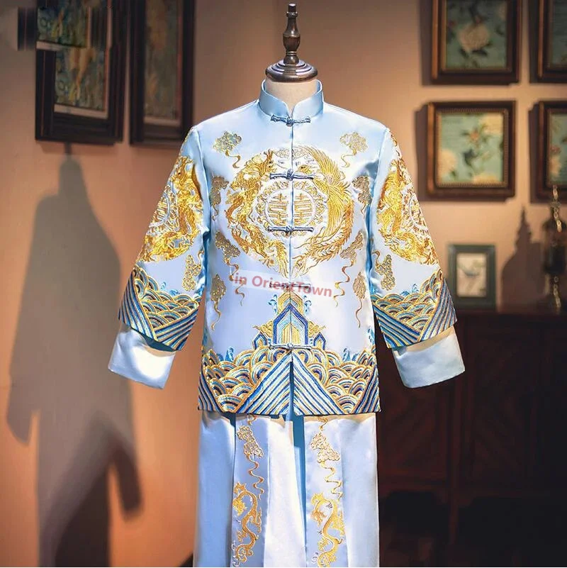 Men Show Blue Costume Royal Wedding Bridegroom Classic Cheongsam Chinese Style Long Robe Gown Stage Performance Toast Clothing