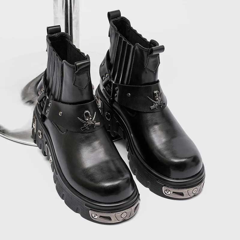 New Designer Paris Trendy Punk Men's Shoes Fashion Genuine Leather Shoes Thick-soled Retro Motorcycle Rock Stage Men Ankle Boots