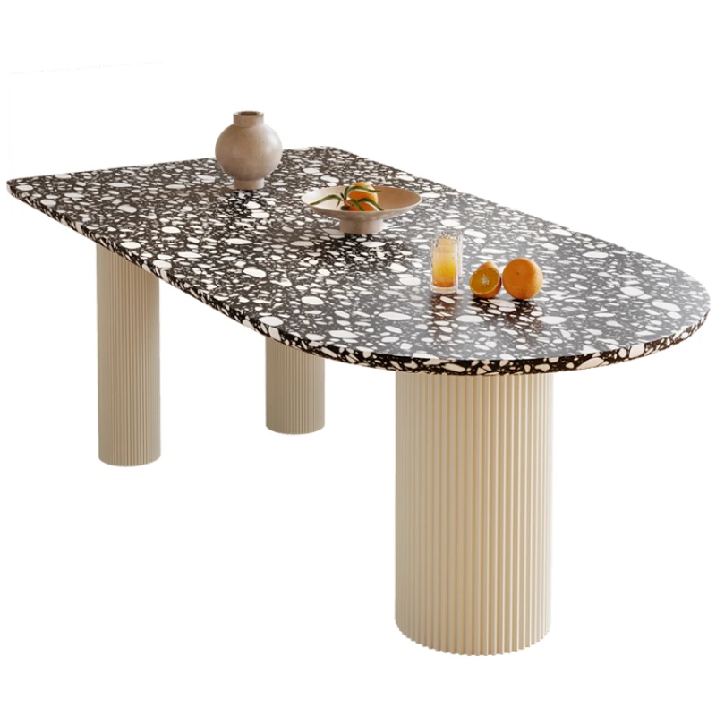 Terrazzo dining table is luxurious and high-grade. Black and white marble semicircle dining table is against the wall.