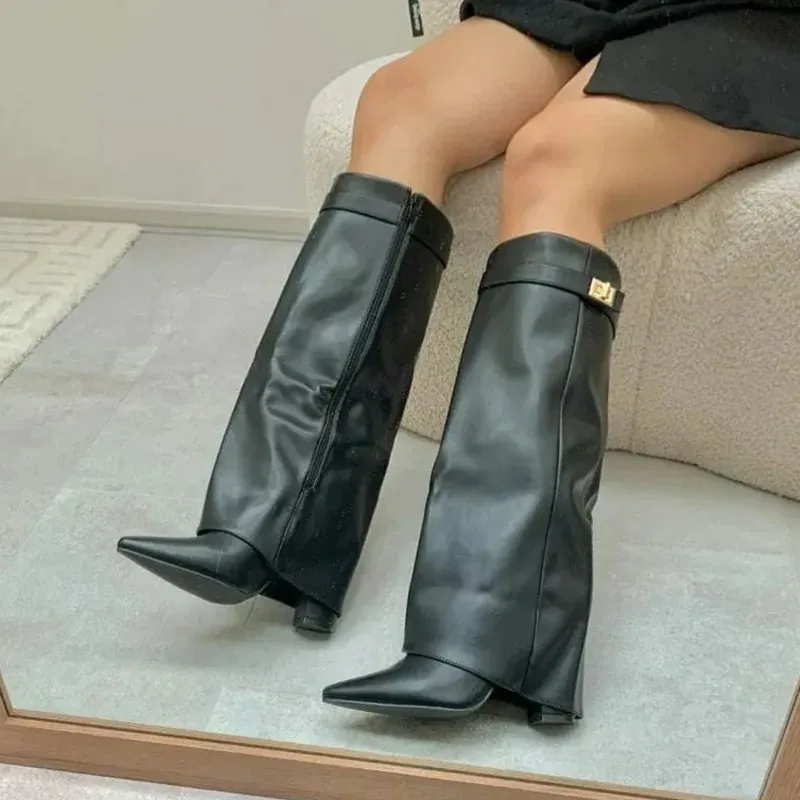 2025Autumn and Winter New Pointed Metal Buckle Knee High Women's Boots, Thick High-heeled Pants Boots, Fashionable Mid Leg Boots