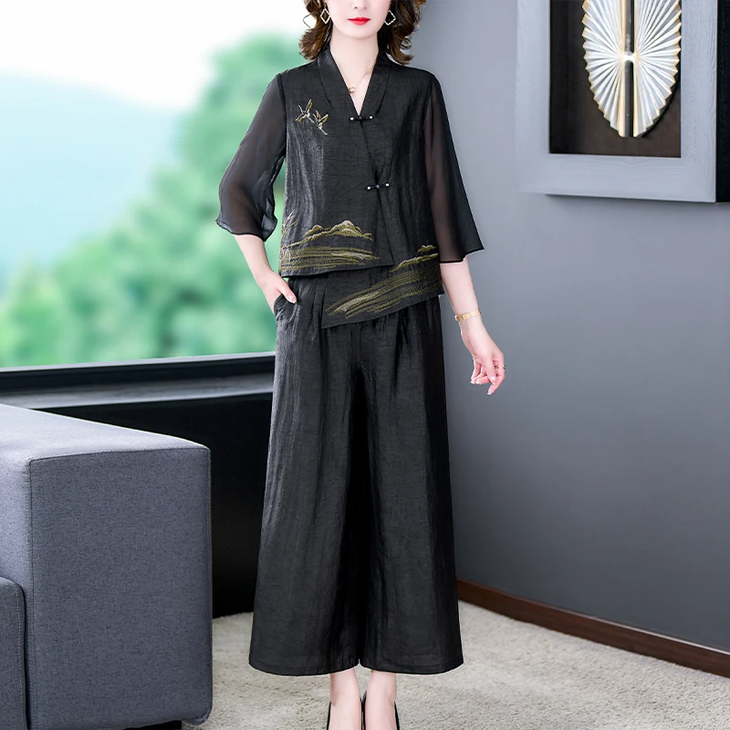 

Fashion Wide-Leg Pants Suit Women Retro Print Oversize Long Dress + Pants 2PCS Mother Silky Silkworm Dress Sets 5XL Luxury