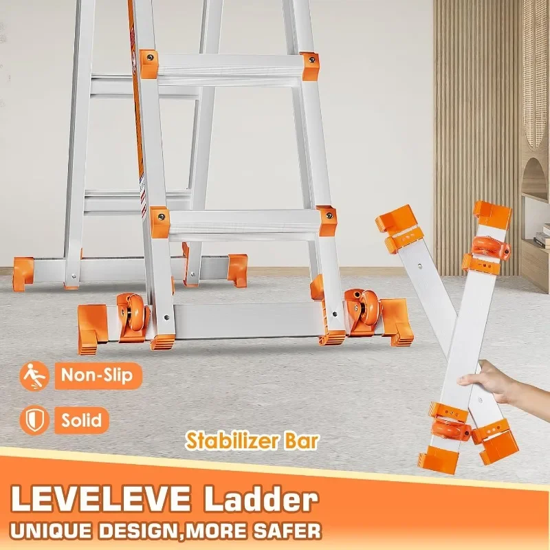 LEVELEVE Multi Position 3 Step Ladder, 14FT Extension Ladder with Stabilizer Bar & Wheels,330 lbs Security Load A Frame Ladder