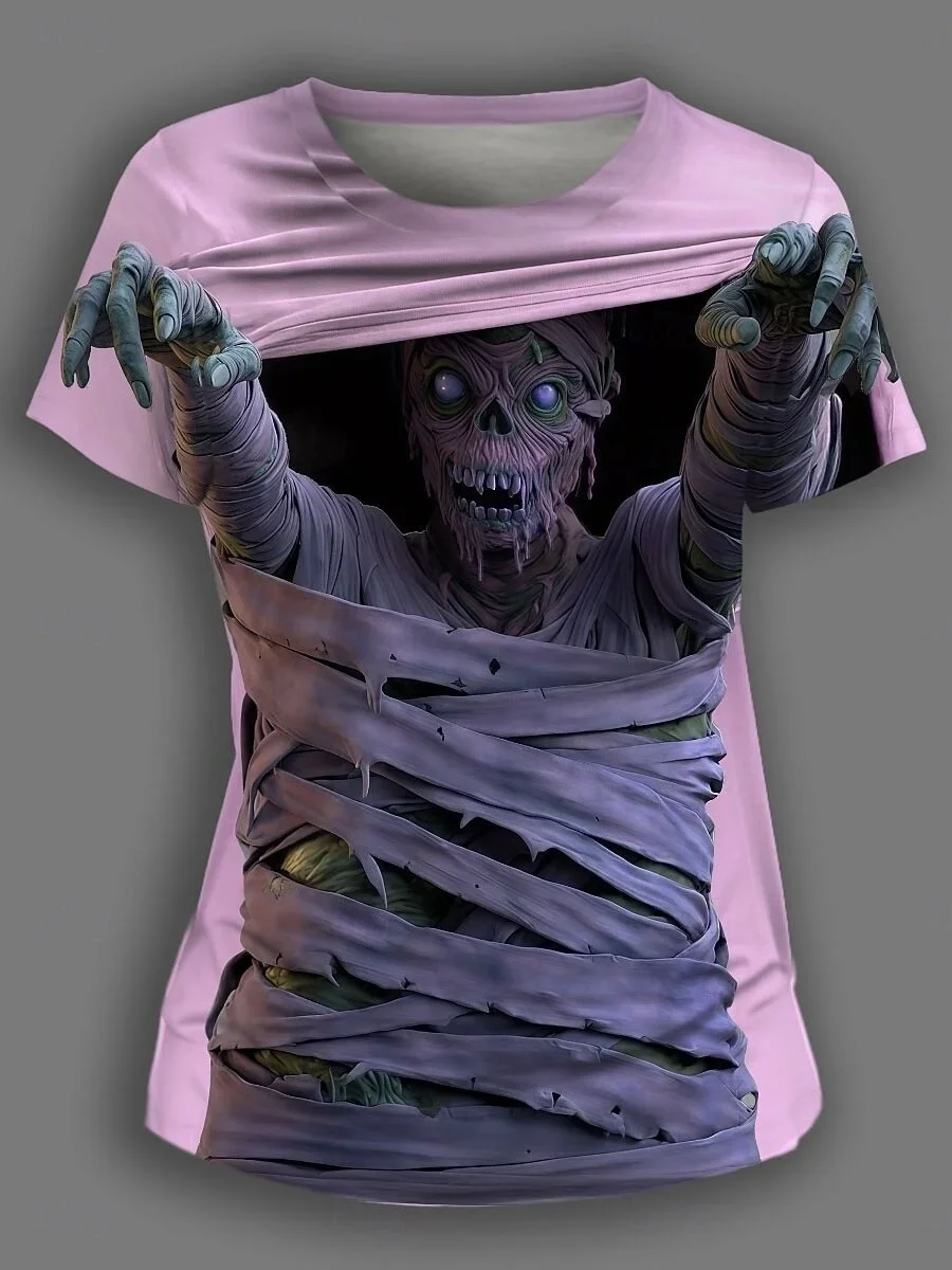 Trendy Men Halloween Mummy 3D Illusion Graphic T-Shirt Crew Neck Short Sleeve Horror Funny Tee For Party Cool Streetwear Tops