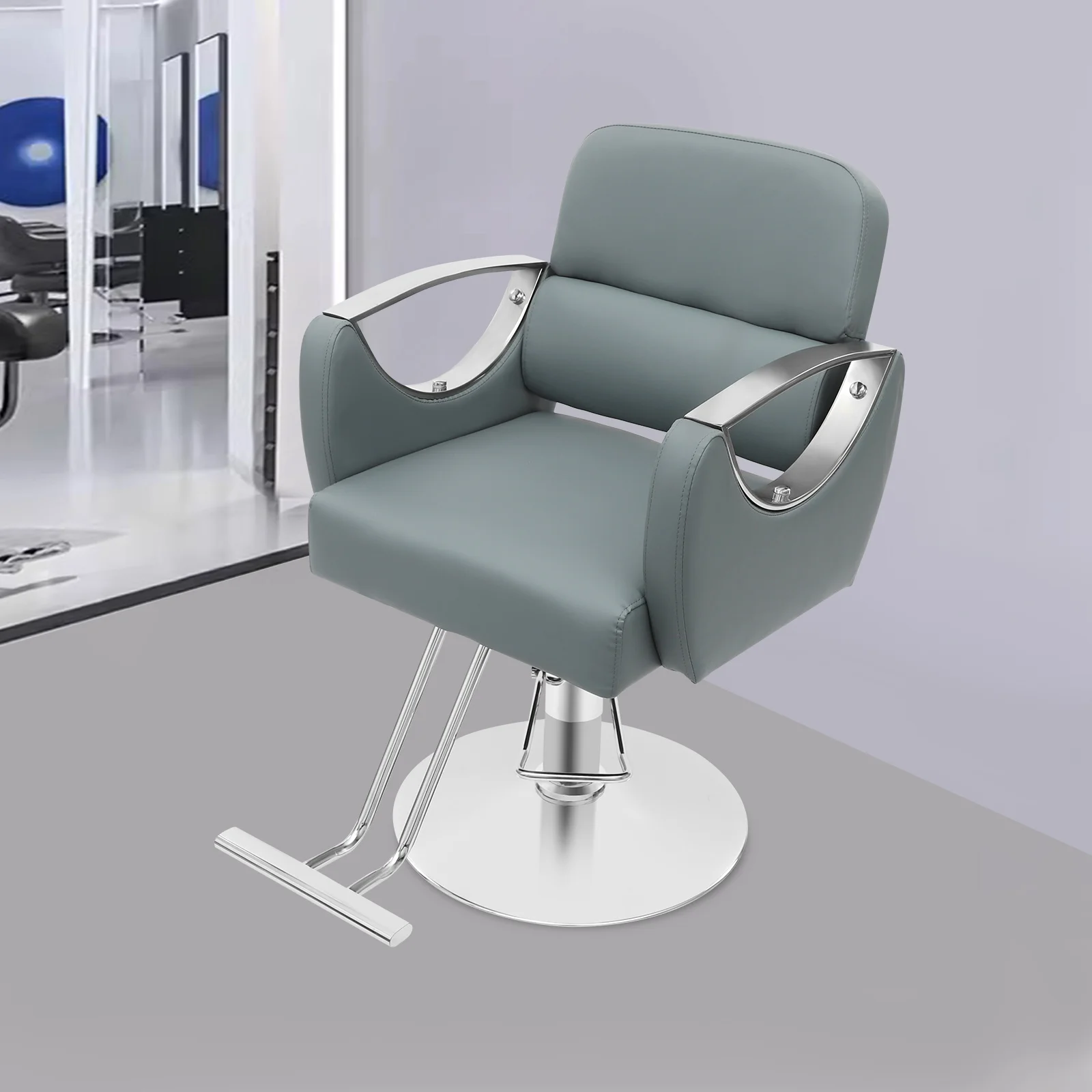 كرسي حلاقة من الخشب الصلب الدوار، رمادي/أزرق ضبابي/بيج/أسود قابل للتعديل كرسي صالون الشعر قائم على الأرض للمنازل، صالونات التجميل