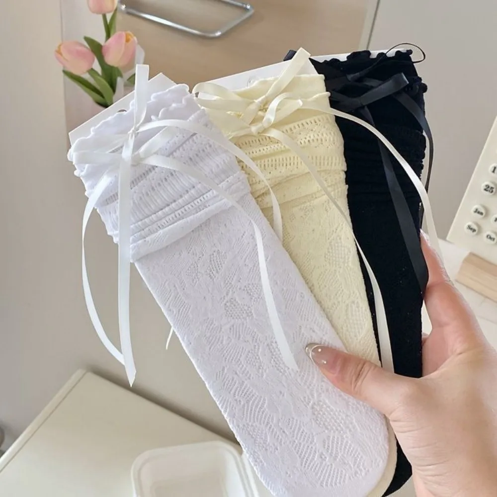 1 Pair Sweet Thin Ballet Style Socks Mesh Fishnet Mid-Calf Socks Bowknot Ruffled Lace Stacking Socks for Women