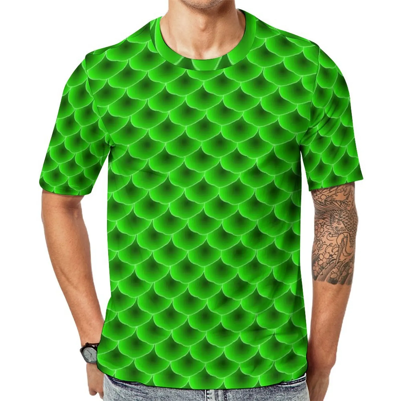 Bright Green Mermaid Scale T Shirt For Men O Neck T Shirts Summer Novelty Clothes Short-Sleeve Streetwear Oversized Tee Shirt
