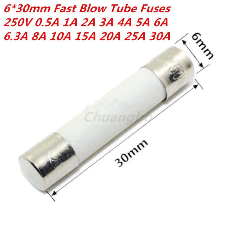 10/pcs 6*30mm Fuse Ceramic Fusible 250V 0.5A 1A 2A 3A 4A 5A 6A 6.3A 8A 10A 15A 20A 25A 30A Fast Blow Tube Fuses