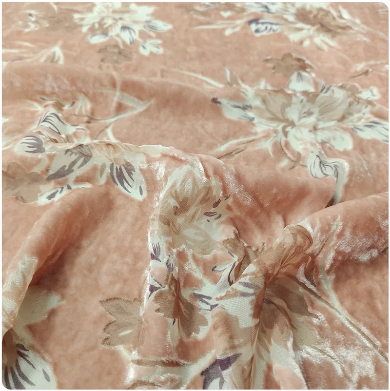 Pink Silk Bottom Cotton Velvet Hollow Mulberry Silk Flannel Dress Cheongsam Shirt Shawl Clothing Fabric