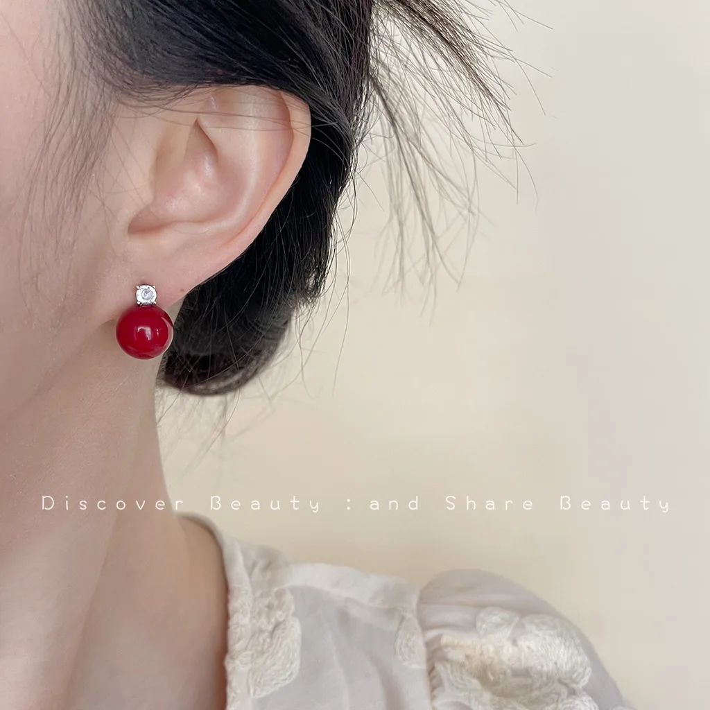 DIY accessories Retro Hong Kong style red pearl stud earrings light luxury fashion versatile zircon earrings New Year's atmosphe