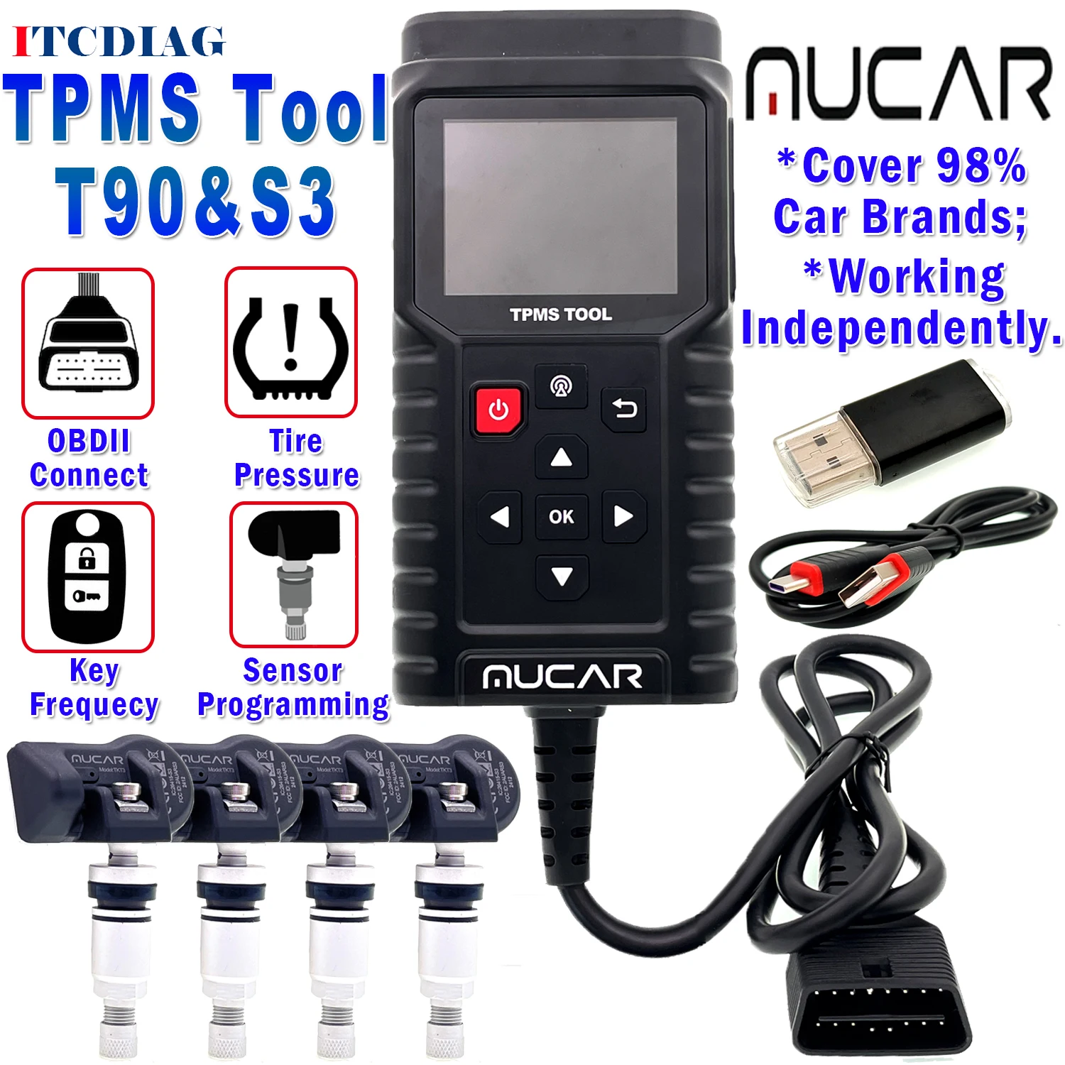 

MUCAR TPMS T90 with S3 Universal Sensor Car Tire Pressure Program Tool 2in1 315MHz 433MHz TPMS Sensor Service Tool PK ThinkCar