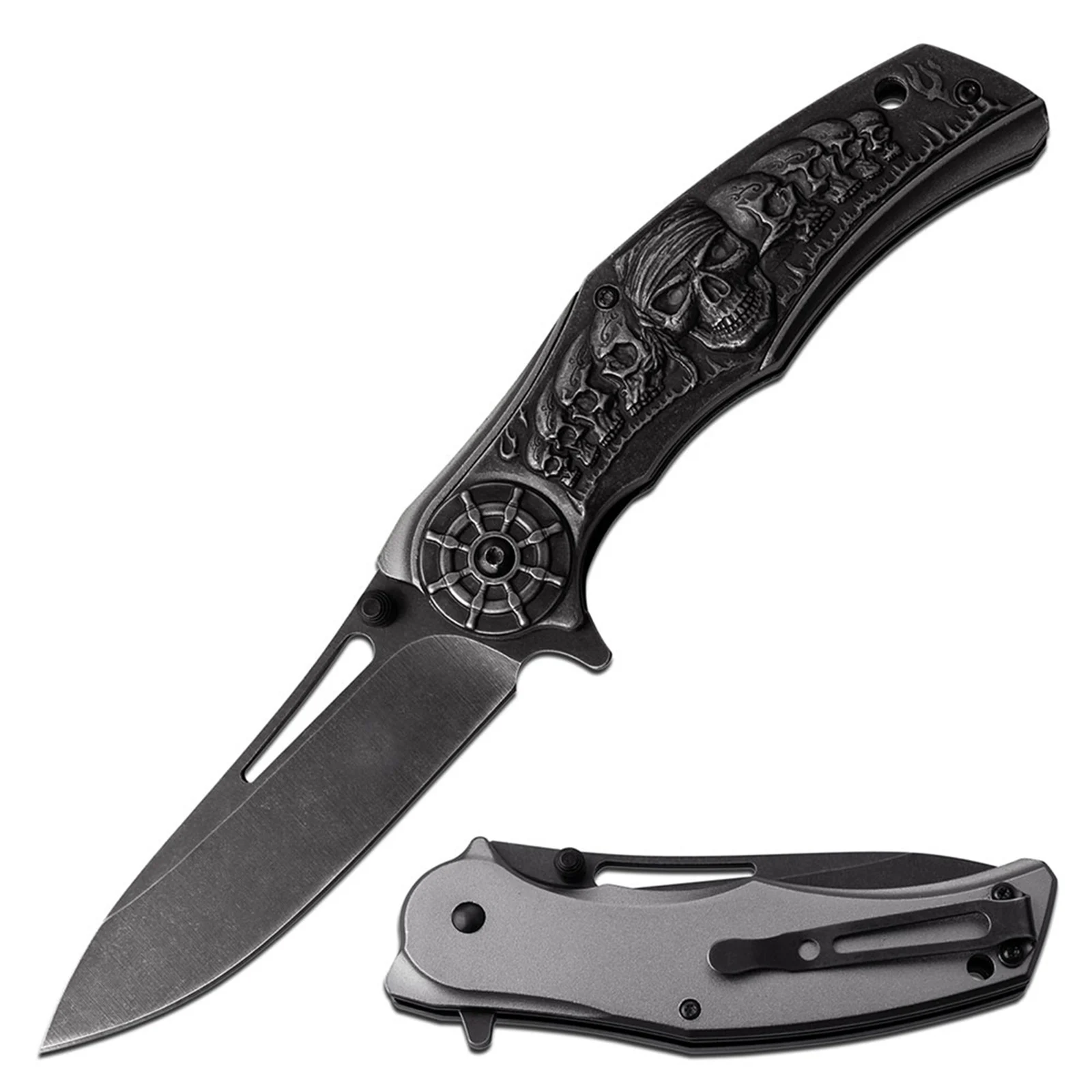 

stonewashing Hunting Camping Hiking Knife, Folding Blade Pocket Knife , Engrave Skulls Pirate Handle Stonewash Sharp 4.5" Closed