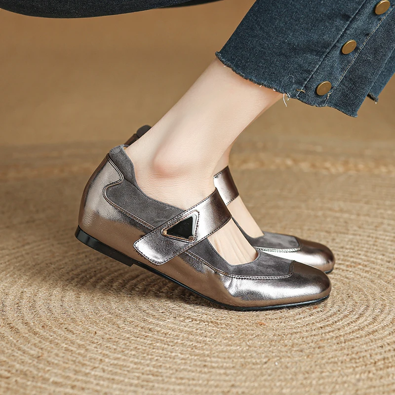 

Genuine Leather Color Block Round Toe Mary Jane Shoes Low Heel with Buckle, Height-Increasing Flats for Women