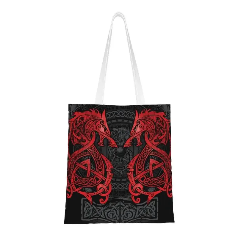 Custom Fighting Fenrir Shopping Canvas Bags Women Reusable Groceries Nordic Wolf Shopper Tote Bags