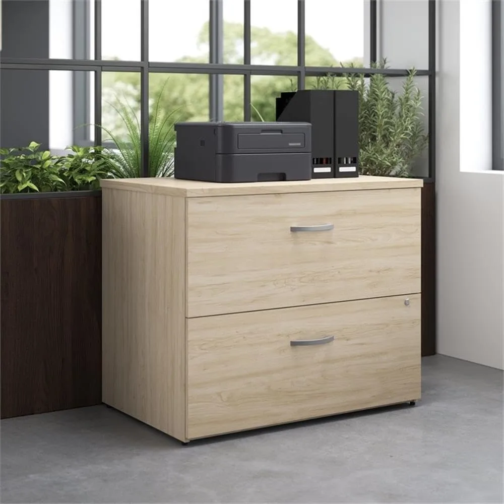 2 Drawer Lateral File Cabinet in Natural Elm - Assembled, Locking Document Storage for Home or Professional Office