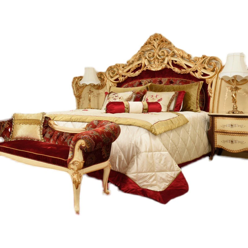 

New classical Italian bed solid wood antique hand-carved red elegant design fabric bed luxury palace bed