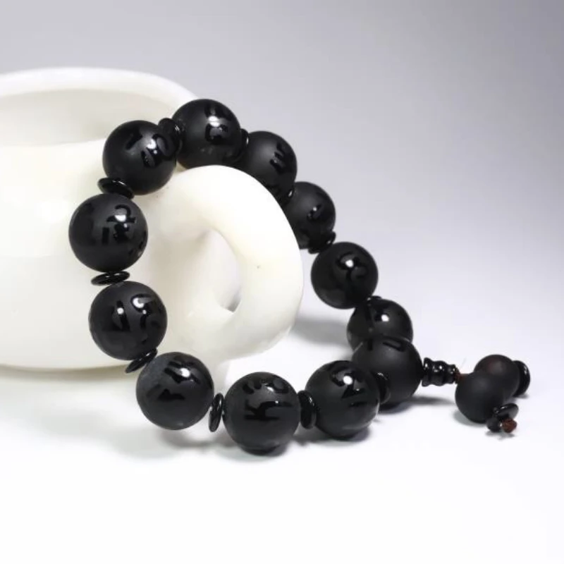 Natural Black Agate Six Words Motto Bracelet Ethnic Style round Beads Men and Women Couple Style Hand Accessory Bracelet