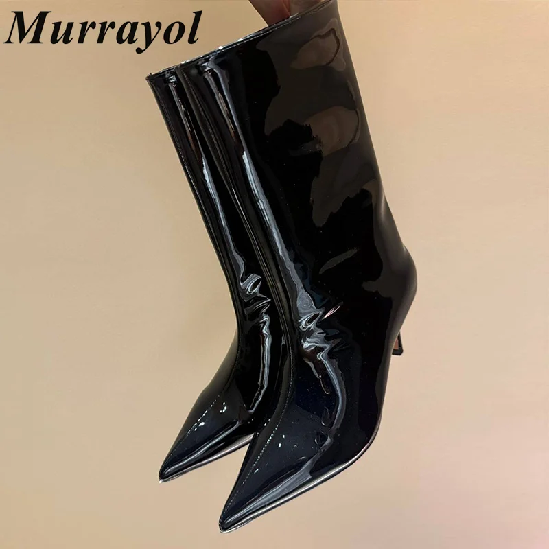 2025 جديد جلد طبيعي مثير منتصف العجل بوتاس النساء أشار تو هريرة الكعوب أحذية بوت قصيرة ربيع الخريف الأحذية الحديثة الموضة