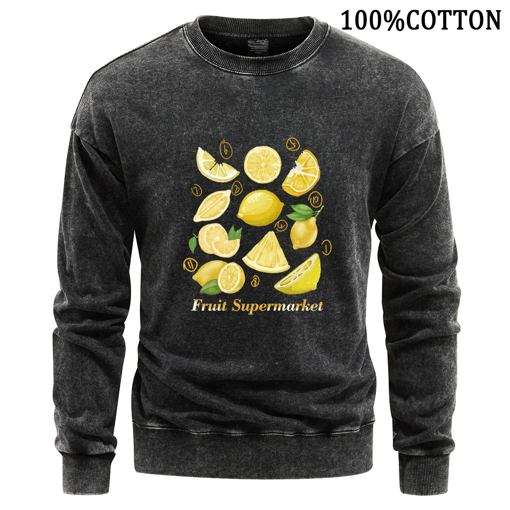 Lemon Orange Fruit Cutting Print Men's Sweatshirt Vintage Washed Hoodie Autumn Cotton Hoodies Comfort Sweatshirts Loose Tops