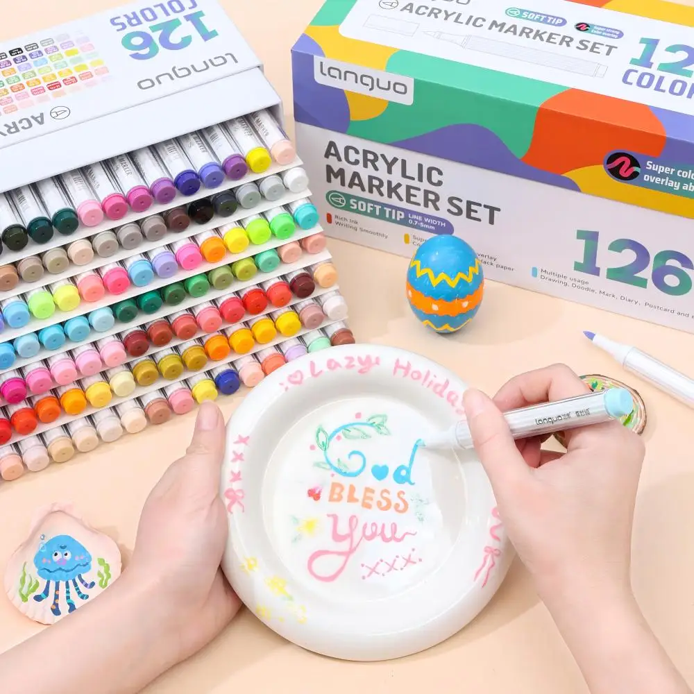 أقلام تلوين أكريليك من لانغو، 126 لونًا، أقلام تلوين بطرف فرشاة للرسم على الصخور والزجاج والحرف اليدوية ولوازم الفنون