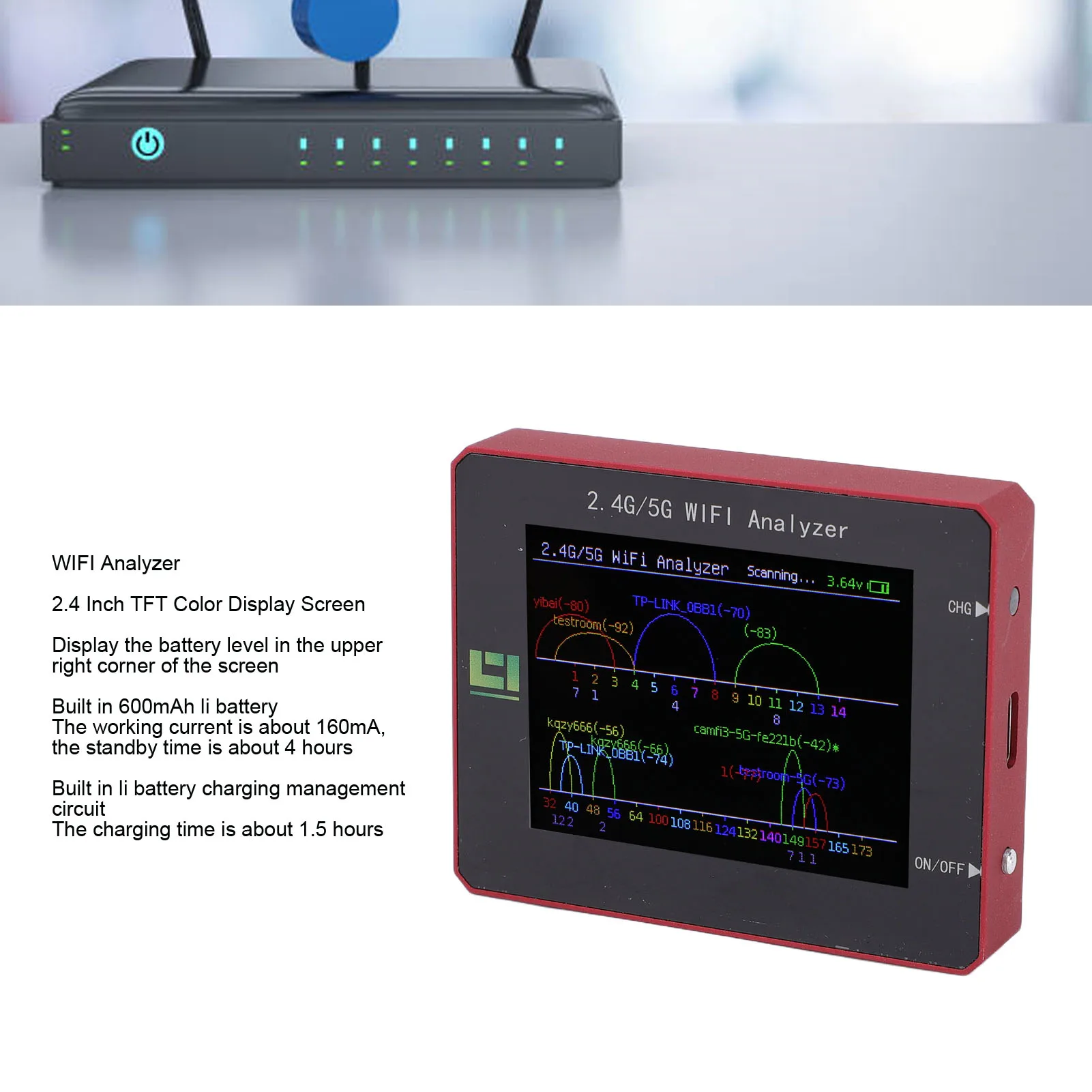 WiFi Analyzer 2.4 Inch  Color Screen Aluminum Alloy Casing 2.4G 5G WiFi Signal Usage Analyzer 5G WiFi Analyzer WiFi Analyzer