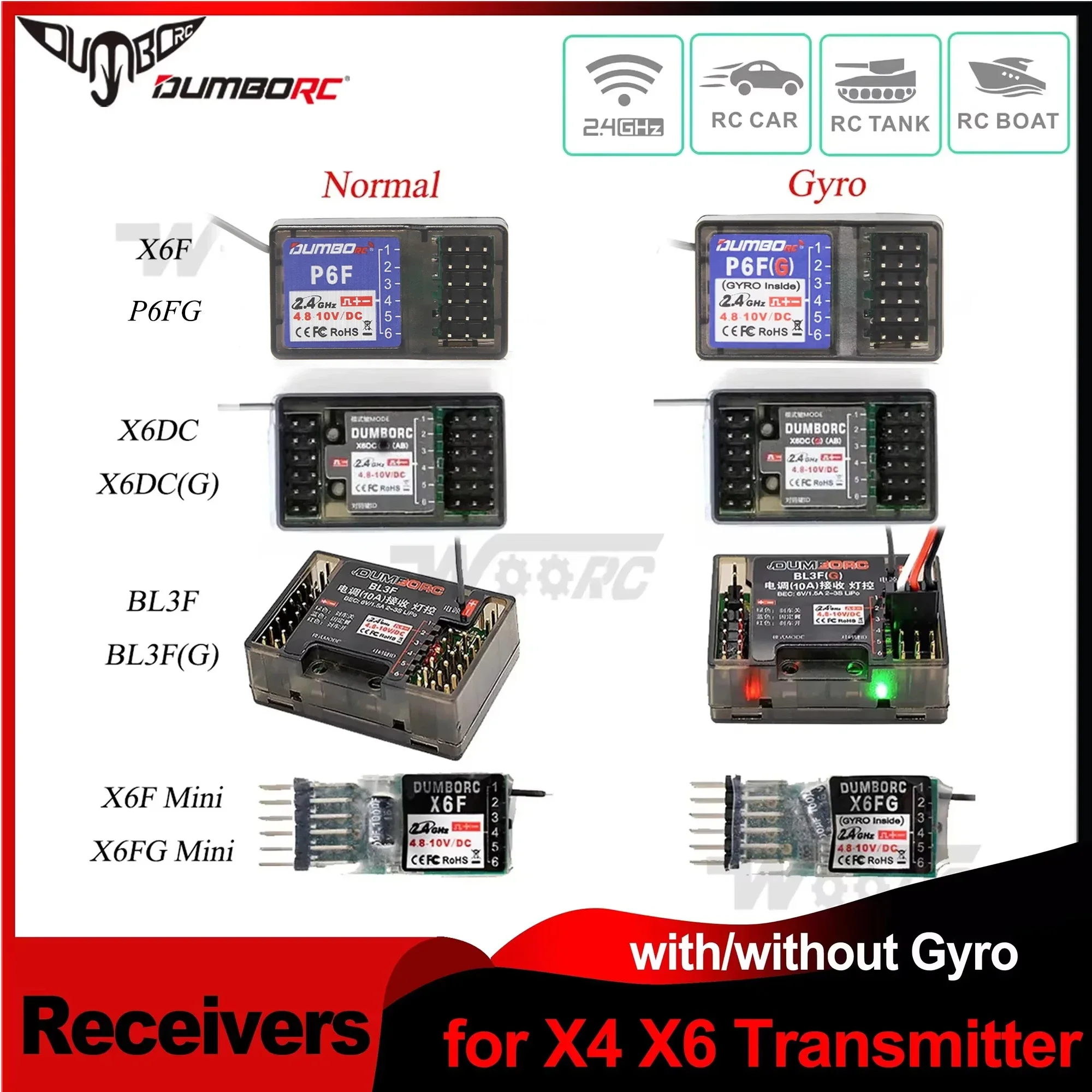 

DUMBORC X6F P6F P6FG X6DC X6DCG 6CH 6 Channel Receivers Gyro for X6 X4 Transmitter Remote Controller RC Car Tank Light Control