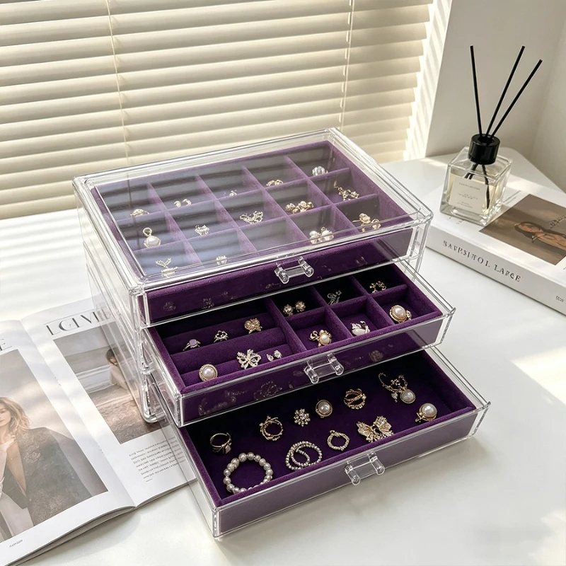 3 Layer Jewelry Storage Box Acrylic Ring Organizer Boxes Drawer Necklace Storage Case Purple Earrings Bracelet Organizer Cases