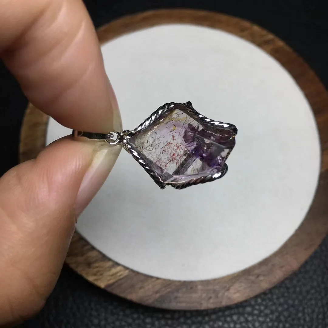 1 Pc Fengbaowu Natural Purple Quartz Rutilated Super 7 Pendant 925 Sterling Silver Irregular Crystal Healing Stone Jewelry Gift