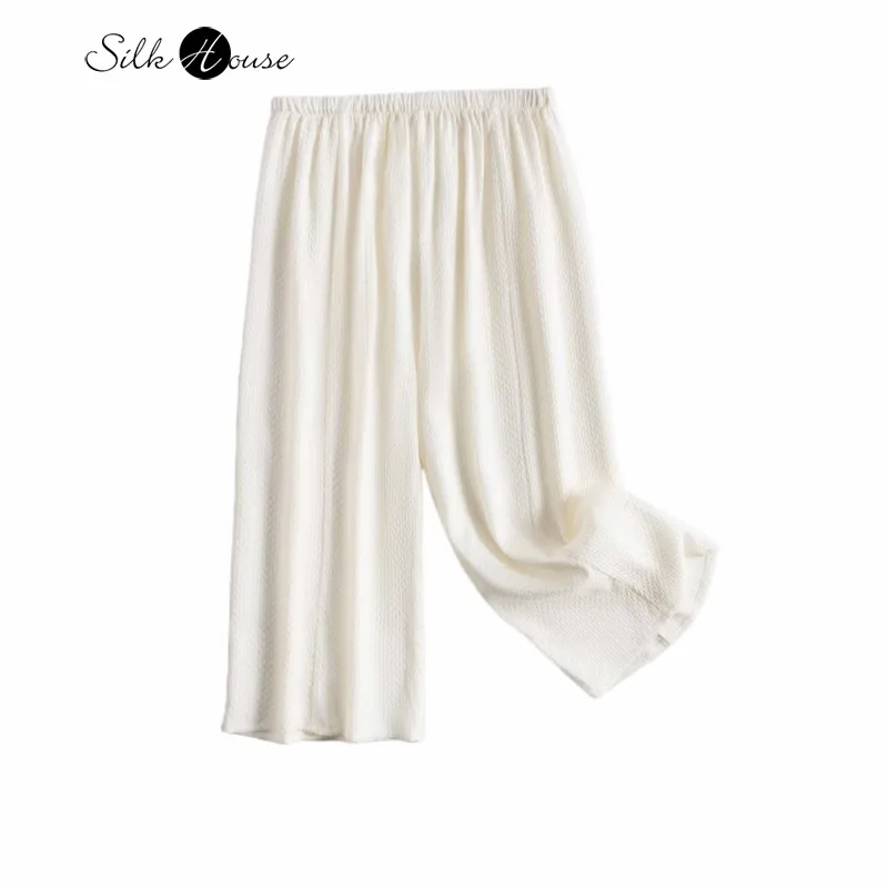 

2024 Women's Fashion Summer New 93% Natural Mulberry Silk Elastic GuanLe Crepe White Casual Calf-Length Pants