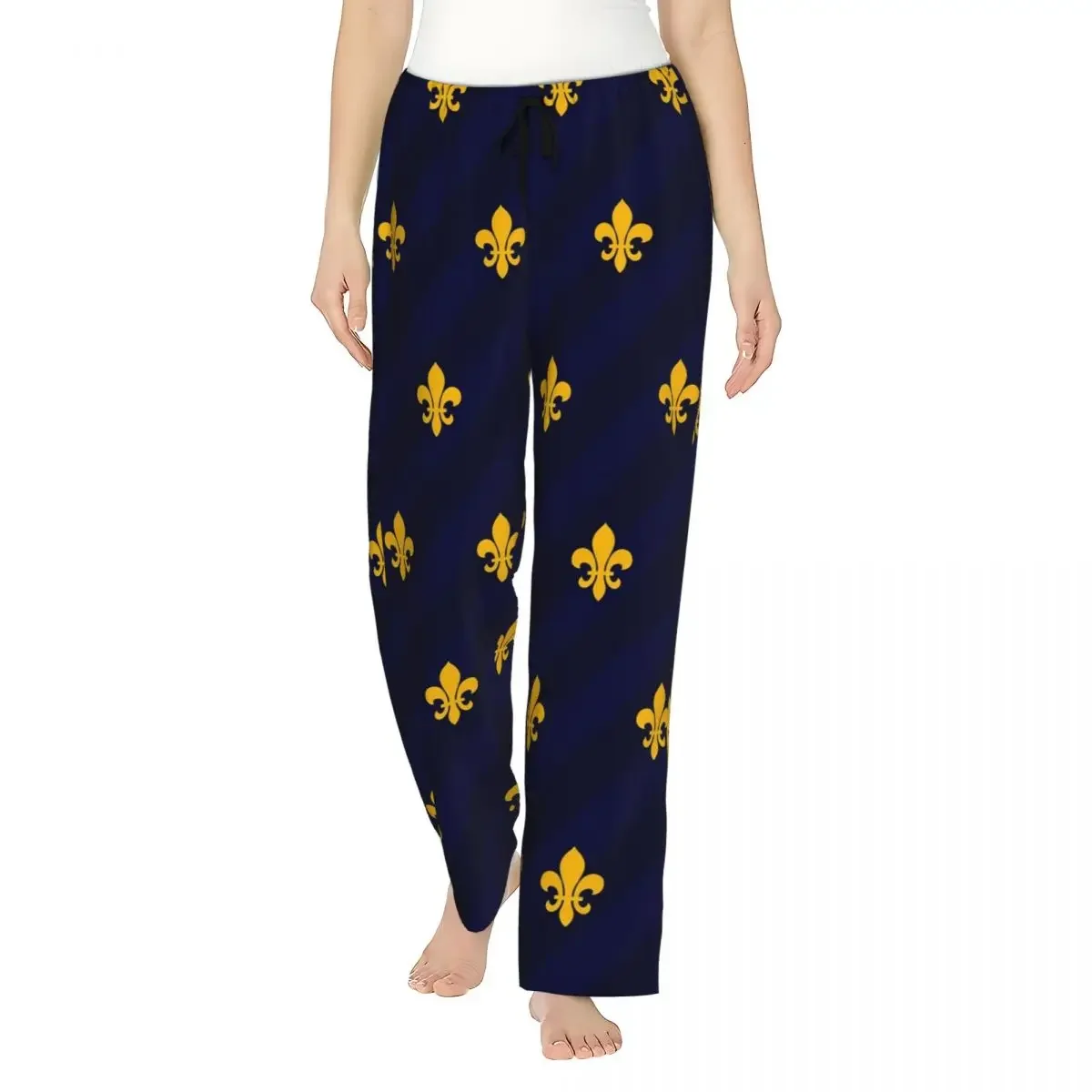 

Custom Fleur De Lys Gold Blue Women Pajama Pants Lounge Sleep Sleepwear Bottoms with Pockets