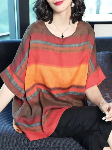 

Женская футболка больших размеров, летняя модная свободная футболка с коротким рукавом, скрывающая живот, из полиэфирного волокна, с круглым вырезом, повседневный топ для женщин среднего возраста