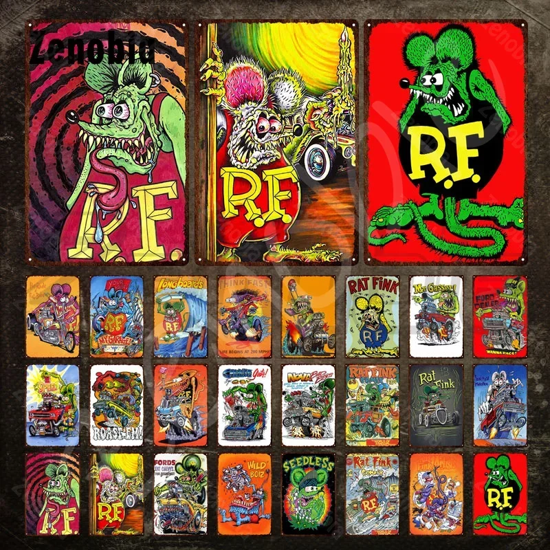 Rat Fink Comic Metal Poster Cartoon Tin Sign Plate Vintage Plaque Funny Metal Sign Iron Painting Wall Stickers for Room Decor