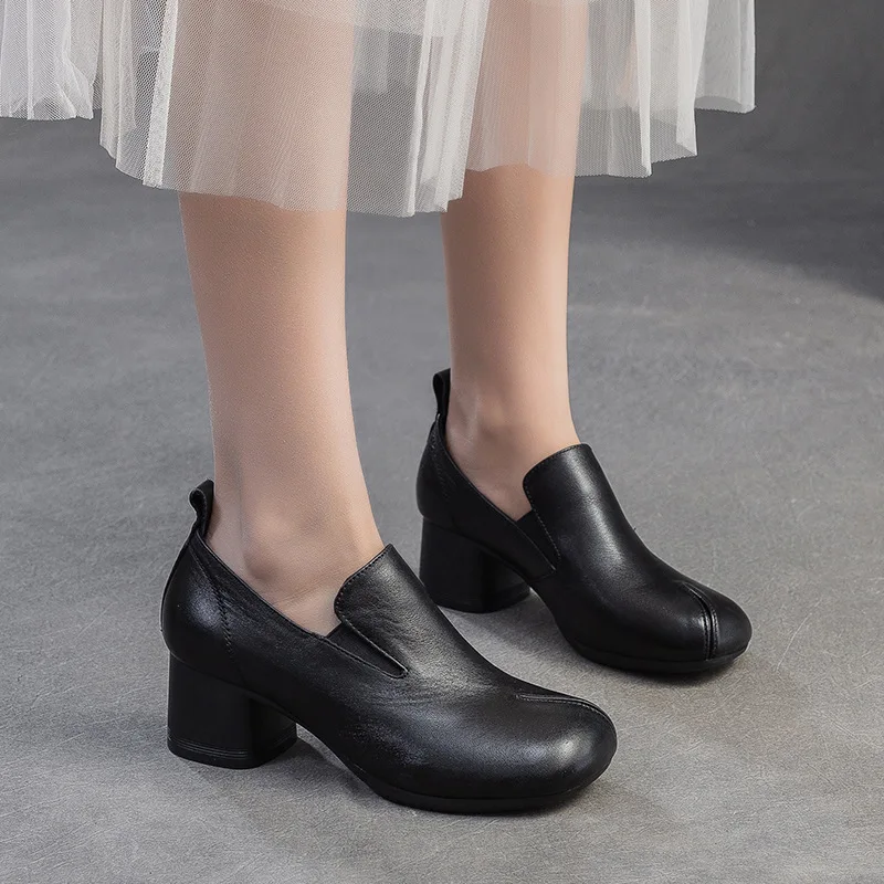 

Retro Style Mom Shoes Single Thick Heel Increase Height Commuter All-Match Women's Shoes round Toe Rubber Sole