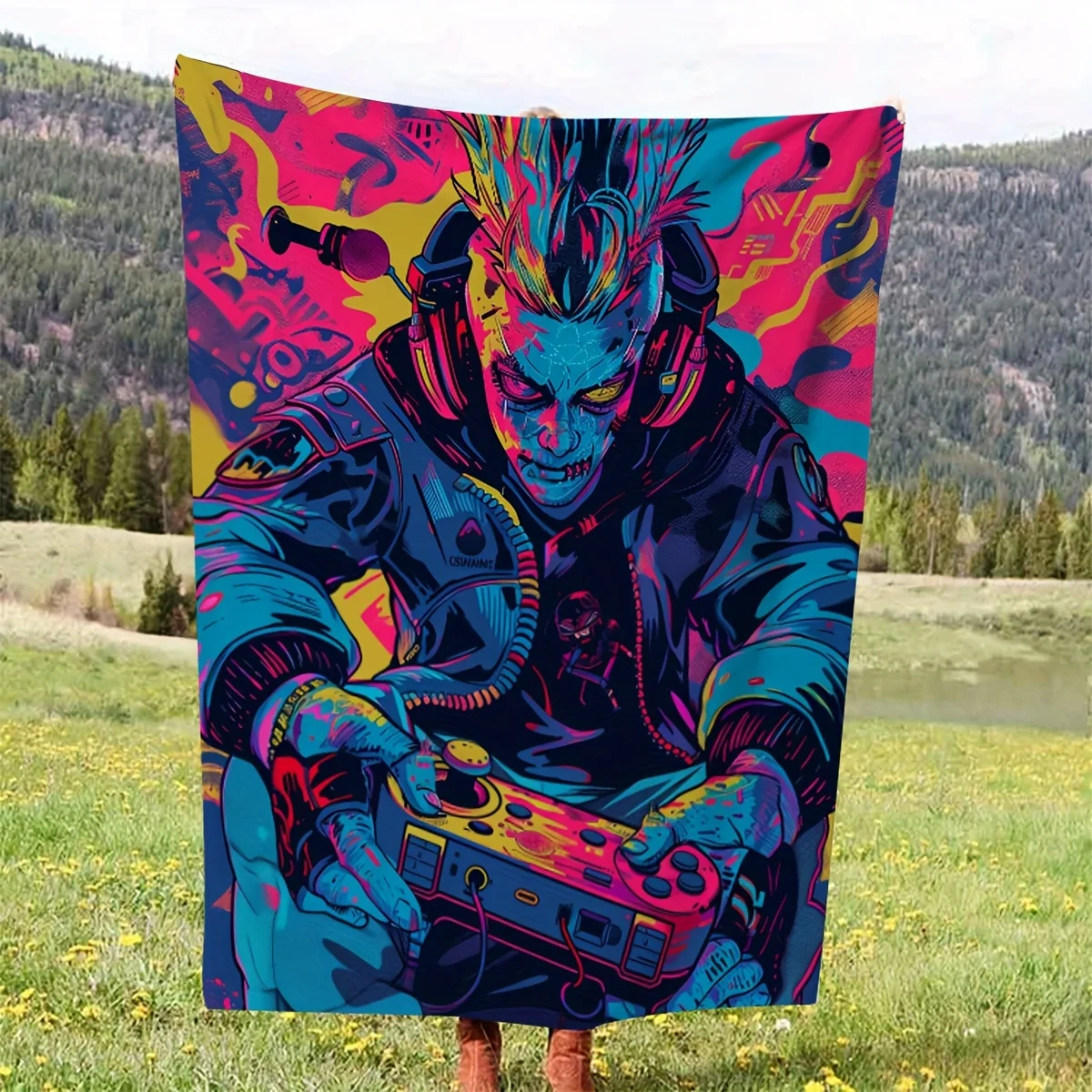 Cyberpunk Retro Arcade Gaming Throw Blanket Tapestry Anime Style Pop Culture Wall Hanging Fleece Throw for Gamer Boy Boy Decor