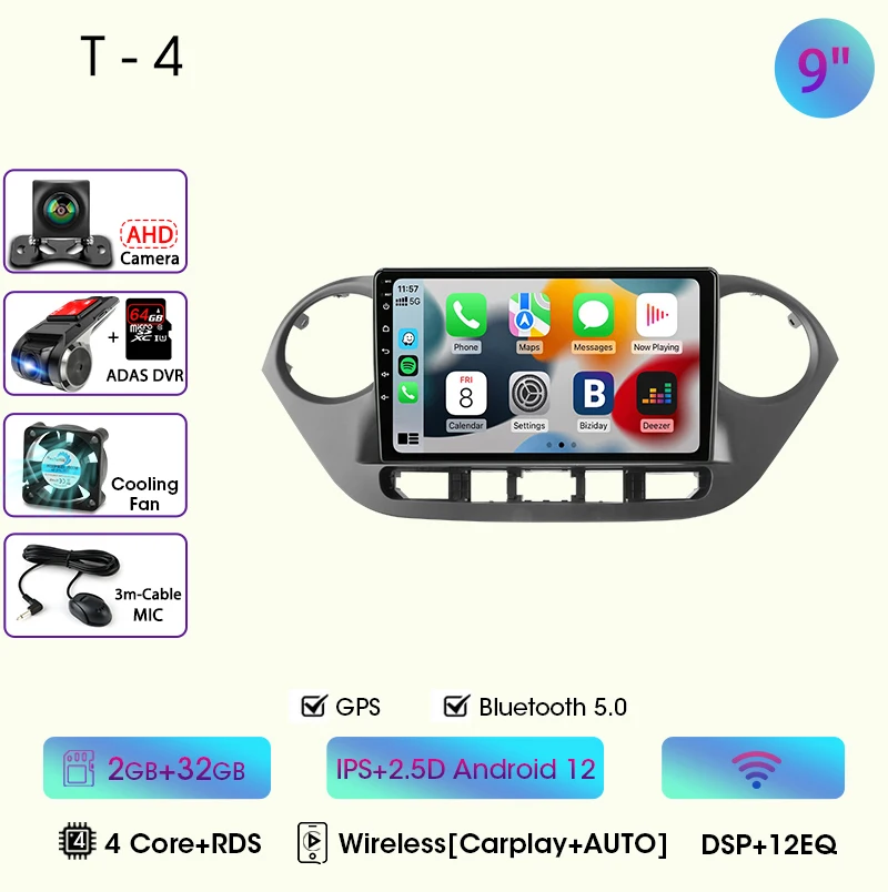 9 "Autoradio Voor Hyundai Grand I10 I 10 2013 2014 2015 2016 2017 2018 Android12 Carplay Auto Multimidia Videospeler Head Unit - afbeelding 1
